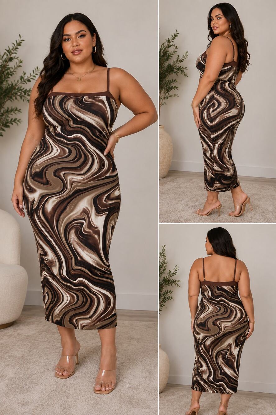 Bluebell Brown Marble Print Bodycon Midi Dress 1X Stretch Cami Y2K Clubwear
